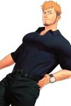  1boy arm_hair bara belt black_shirt blonde_hair boxer_dansi buttons chest_hair closed_mouth collared_shirt facial_hair green_eyes hand_on_hip large_pectorals looking_at_viewer male_focus muscular muscular_male original pants pectorals shirt short_hair sideburns simple_background smile solo undercut watch wristwatch 