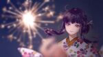  1girl blurry film_grain fireworks highres japanese_clothes kimono needle night night_sky purple_eyes purple_hair qin_shi_ming_yue shao_siming_(qin_shi_ming_yue) shao_siming_guang_wei sky smile tied_hair 