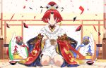  &gt;_&lt; 1girl absurdres apron benienma_(fate) bird bowl chopsticks confetti fate/grand_order fate_(series) hat highres melt_(ghfla10) red_eyes red_hair rice rice_bowl seiza sitting smile sparrow wide_sleeves 