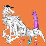  anal_beads animal_dildo animal_sex_toy bad_batter_(off) baseball_cap bodily_fluids body_writing canine_dildo claws clothing collar cum cum_in_mouth cum_inside cum_on_body cum_pool digitigrade dildo english_text equine_dildo fangs feral genital_fluids hat headgear headwear hi_res lube_bottle male monster off_(game) queentexx semi-anthro sex_toy sitting slim solo tally_marks teeth text the_batter_(off) vibrator video_games visible_ribs white_body white_skin 