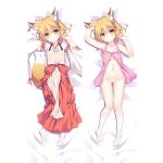  1girl animal_ear_fluff animal_ears arm_up bangs bed_sheet blush breasts dakimakura_(medium) erspace flower fox_ears fox_girl fox_tail full_body hair_flower hair_ornament hand_up japanese_clothes kneehighs lingerie looking_at_viewer lying medium_hair multiple_views navel negligee nipples no_shoes on_back on_bed orange_eyes orange_hair panties see-through senko_(sewayaki_kitsune_no_senko-san) sewayaki_kitsune_no_senko-san small_breasts smile tail underwear white_legwear white_panties 