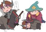 2boys be_(ronironibebe) boots brown_hair cape closed_eyes clyde_donovan eric_cartman fake_horns fat fetal_position gloves hat headband horns lying multiple_boys obese on_side poking robe short_hair shoulder_pads south_park south_park:_the_stick_of_truth tears translated witch_hat 
