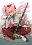  1girl absurdres animal_ears boots breasts cleavage earrings fang fang_out fox_ears glasses green_legwear hat highres indian_style jewelry katana long_hair looking_at_viewer original pink_hair pink_nails ring sheath sheathed sitting smile solo soono_(rlagpfl) sword very_long_hair weapon yellow_eyes 