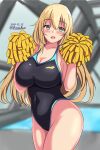  1girl alternate_costume atago_(kancolle) black_swimsuit blonde_hair breasts collarbone competition_swimsuit covered_navel green_eyes highleg highleg_swimsuit highres holding holding_pom_poms kantai_collection large_breasts long_hair montemasa one-piece_swimsuit pom_pom_(cheerleading) pool poolside rei_no_pool solo swimsuit 