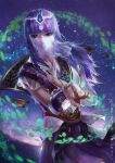  1girl asymmetrical_sleeves bu_yan_kong hair_ornament leaf long_hair looking_at_viewer night night_sky purple_eyes purple_hair qin_shi_ming_yue shao_siming_(qin_shi_ming_yue) skirt sky veil 