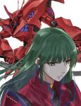  1girl expressionless eyebrows_visible_through_hair from_above green_eyes green_hair hair_behind_ear highres jacket juliet_sleeves jun_(rellik_&amp;_redrum) long_sleeves looking_ahead looking_at_viewer military military_uniform muvluv muvluv_alternative muvluv_alternative_(anime) open_hand portrait puffy_sleeves purple_eyes red_jacket science_fiction takemikazuchi_(muvluv) tsukuyomi_mana uniform white_background 