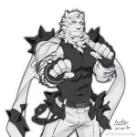  1boy animal_ears arknights bara black_tank_top bulge chain chrisanother clenched_hands coat coat_on_shoulders covered_abs cowboy_shot furry furry_male large_pectorals looking_at_viewer male_focus mountain_(arknights) muscular muscular_male pants pectorals scar scar_across_eye scar_on_face shirt short_hair shoulder_spikes sidepec solo spikes tank_top taut_clothes taut_shirt tiger_boy tiger_ears white_fur white_hair white_pants 