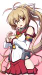  1girl 547th_sy antenna_hair bangs blush cosplay dated detached_sleeves gradient gradient_background hair_between_eyes hair_ribbon highres hip_vent kantai_collection katia_waldheim light_brown_hair long_hair muvluv muvluv_alternative no_panties open_mouth pleated_skirt red_skirt ribbon rope_around_neck schwarzesmarken simple_background skirt solo textless twitter_username very_long_hair yamato_(kancolle) yamato_(kancolle)_(cosplay) yellow_eyes 