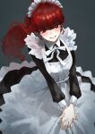 1girl alternate_costume apron blush breasts enmaided grin highres long_hair luc_sion maid maid_apron maid_headdress persona persona_5 persona_5_the_royal ponytail red_eyes red_hair smile solo yoshizawa_kasumi 