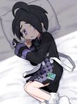  1boy ahoge allister_(pokemon) bed_sheet black_hair bright_pupils collared_shirt commentary_request from_above frown gloves head_on_pillow highres himawari_(kawaisounaedesu) long_sleeves male_focus mole mole_under_mouth partially_fingerless_gloves pokemon pokemon_(game) pokemon_swsh purple_eyes raised_eyebrows shirt shoes short_hair shorts single_glove solo suspenders sweat white_pupils 