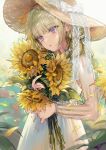  1girl bangs blonde_hair blue_eyes brown_headwear commentary_request dress eyebrows_visible_through_hair eyelashes flower hat hat_ribbon holding holding_flower kinokohime long_hair long_sleeves looking_away original parted_lips petals ribbon see-through see-through_sleeves solo sun_hat sunflower white_dress white_ribbon wind yellow_flower 