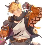  1boy ? animal_ears bangs bara black_tank_top blonde_hair blush closed_mouth cropped_jacket fur_collar granblue_fantasy green_eyes halloween_costume higashigunkan jacket large_pectorals looking_to_the_side male_focus muscular muscular_male official_alternate_costume open_clothes open_jacket orange_jacket pectorals shirt short_hair simple_background solo tank_top torn_clothes torn_shirt vane_(granblue_fantasy) white_shirt wolf_boy wolf_ears wolf_paws 