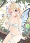  1girl bangle bangs bare_shoulders blonde_hair blue_bow blush bow bow_bra bow_panties bra bracelet branch breasts butterfly_wings cleavage closed_mouth collarbone detexted elbow_gloves eyebrows_visible_through_hair fairy flower gloves groin hair_between_eyes hair_bow hair_flower hair_ornament hand_up highres hoshi_(snacherubi) in_tree jewelry long_hair looking_at_viewer melonbooks navel non-web_source original panties ponytail purple_eyes single_glove sitting small_breasts smile solo third-party_edit tree underwear underwear_only white_bra white_flower white_gloves white_panties wings 