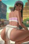  1girl ass bandeau bangle bangs bare_shoulders barefoot black_hair blue_sky blunt_bangs blurry blurry_background bracelet breasts chel_(the_road_to_el_dorado) commentary covered_nipples dark-skinned_female dark_skin day earrings from_behind highres jewelry large_breasts lipstick long_hair looking_at_viewer looking_back makeup outdoors patreon_logo patreon_username see-through shexyo shoulder_blades sky solo squatting temple the_road_to_el_dorado thick_thighs thighs web_address 