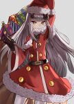  1girl bangs belt black_bow bow box breasts brown_eyes buttons capelet christmas dress fairy_knight_lancelot_(fate) fate/grand_order fate_(series) fur-trimmed_capelet fur-trimmed_dress fur-trimmed_headwear fur_trim gift gift_box hair_bow hat highres long_hair long_sleeves looking_at_viewer m0_chi pantyhose red_capelet red_dress red_headwear sack santa_costume santa_dress santa_hat sidelocks small_breasts smile solo thighs white_hair white_legwear 