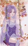  1girl bare_shoulders china_dress chinese_clothes collarbone dress hair_bun highres leaf purple_dress purple_eyes purple_hair purple_nails qin_shi_ming_yue smile swing_set zi_nu_(qin_shi_ming_yue) zi_nu_zhuye_jun 