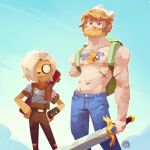  1boy 1girl adventure_time backpack bag beard blonde_hair blue_pants bronwyn brown_shorts denim dog_girl facial_hair finn_the_human fur green_bag holding holding_sword holding_weapon horns jeans monster_girl older pants poppy_betha scar short_hair shorts single_horn skateboard sword topless topless_male weapon yellow_fur 