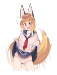  1girl animal_ear_fluff animal_ears bangs blush clothes_lift collarbone eyebrows_visible_through_hair fang fox_ears fox_girl fox_tail hair_between_eyes highres lifted_by_self light_brown_hair long_hair monochrome_background open_mouth original panties red_eyes school_uniform see-through serafuku shiro_youduki simple_background skirt skirt_lift solo tail underwear wet wet_clothes white_background white_panties 