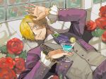  1boy ascot blonde_hair blue_eyes cocktail_glass cup drinking_glass facial_hair flower frilled_sleeves frills hand_up long_sleeves looking_at_viewer lying male_focus on_back one_piece rose sanji smile solo vest yashi_vv 