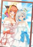  2girls :d absurdres amane_kanata blush breasts cleavage closed_mouth commentary_request commission cowboy_shot dragon_girl dragon_horns dress elbow_gloves gloves highres hololive horns kiryu_coco large_breasts looking_at_viewer multiple_girls open_mouth orange_hair pink_dress silver_hair skeb_commission smile strapless strapless_dress virtual_youtuber white_dress yamae_saki 