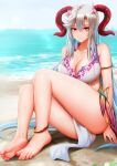  1girl alternate_costume anklet armlet bangs barefoot beach bikini blue_hair breasts chinese_commentary cleavage collarbone curled_horns english_commentary eyebrows_visible_through_hair fingernails fire_emblem fire_emblem_heroes flower flower_necklace freyja_(fire_emblem) ginhaha goat_horns gradient_hair grey_hair hair_between_eyes hair_flower hair_ornament highres horns jewelry korean_commentary large_breasts long_hair looking_at_viewer mixed-language_commentary multicolored_hair necklace official_alternate_costume outdoors parted_lips pelvic_curtain pink_flower red_eyes red_horns sand sidelocks sitting sky solo swimsuit teeth thighs toes two-tone_hair very_long_hair water white_bikini white_flower white_swimsuit 