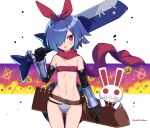  1girl blue_hair blush bunny disgaea fang hair_over_one_eye hairband highres kouzuki_tsubasa_(musou_kaidou) looking_at_viewer midriff navel open_mouth pleinair pointy_ears red_eyes red_hairband red_scarf scarf short_hair solo usagi-san 