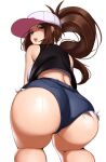  1girl ass ass_focus baseball_cap black_vest blue_eyes breasts brown_hair close-up cutoffs denim denim_shorts exposed_pocket from_behind hat high_ponytail highres hilda_(pokemon) huge_ass kevbot long_hair looking_at_viewer looking_back lower_body pokemon pokemon_(creature) pokemon_(game) pokemon_bw ponytail shirt short_shorts shorts sidelocks sleeveless sleeveless_shirt smile solo tank_top thick_thighs thighs vest white_shirt wristband 