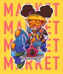  1girl abi_(superson1co) apex_legends black_hair bucket_hat cable chibi detached_sleeves double_bun drone earrings english_commentary hat jewelry lifeline_(apex_legends) mic_check_lifeline one_eye_closed sitting smile solo sports_bra v yellow_headwear yellow_sports_bra 