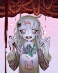  1girl 2017 blood blood_from_mouth closed_mouth colored_skin cross-eyed fangs girl guro hair_ornament holding holding_knife knife long_hair narrowed_eyes necktie open_mouth original pink_background rofortyseven shirt simple_background smile solo sparkle striped_clothes upper_body white_hair white_skin 