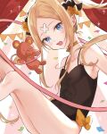  1girl abigail_williams_(fate) bandaid bandaid_on_forehead bangs bare_shoulders black_bow black_leotard blonde_hair blue_eyes blush bow breasts choker collarbone confetti crossed_bandaids draw_happy_set fate/grand_order fate_(series) forehead hair_bow highres hoop hula_hoop leotard long_hair looking_at_viewer multiple_bows open_mouth orange_bow parted_bangs sidelocks small_breasts smile sparkle stuffed_animal stuffed_toy teddy_bear thighs twintails welcome_to_the_travelling_circus! 