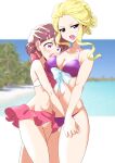  2girls beach bikini bikini_skirt blonde_hair blue_bikini blue_sky blush breast_press breasts cleavage cloud collarbone day embarrassed forehead fuurin_asumi hair_bun hair_ornament hairclip hanadera_nodoka healin&#039;_good_precure highres hug kantai_collection long_hair low_twintails medium_breasts multiple_girls navel ocean okayu_(joneydcd) open_mouth outdoors palm_tree pink_eyes pink_hair precure purple_bikini purple_eyes sand short_hair short_twintails sky small_breasts swimsuit tree twintails water 