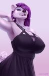  2021 absurd_res anthro big_breasts black_clothing breasts clothing dress female goatesque hair hair_over_eye hi_res mammal one_eye_obstructed purple_hair slightly_chubby solo ursid 