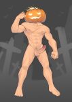  1boy abs absurdres bara biceps completely_nude erection fire flexing full_body halloween halloween_costume highres hunterkay jack-o&#039;-lantern male_focus male_pubic_hair muscular muscular_male navel navel_hair nipples nude original pectorals pose pubic_hair pumpkin_hat reward_available scar scar_on_arm scar_on_chest scar_on_leg solo standing stomach thighs uncensored 