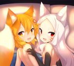  2girls :3 animal_ear_fluff animal_ears bangs black_gloves crunchobar dakimakura_(medium) elbow_gloves facial_mark fang flat_chest fox_ears fox_girl fox_tail gloves hair_between_eyes long_hair looking_at_viewer lying medium_hair multiple_girls nipples on_bed on_side open_mouth orange_eyes orange_hair pillow red_eyes senko_(sewayaki_kitsune_no_senko-san) sewayaki_kitsune_no_senko-san shiro_(sewayaki_kitsune_no_senko-san) tail thick_eyebrows topless upper_body whisker_markings white_hair 