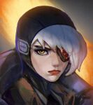  1girl absurdres apex_legends bangs black_eyepatch black_headwear brown_eyes deep_current_wattson eyepatch grey_background hair_over_one_eye highres looking_at_viewer one_eye_covered peter_chai scar scar_on_cheek scar_on_face serious solo wattson_(apex_legends) white_hair 