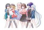  6+girls akiyama_mizuki asahina_mafuyu azusawa_kohane backwards_hat blonde_hair brown_hair hair_ornament hat highres jacket long_hair low_twintails multicolored_hair multiple_girls pink_hair ponytail project_sekai purple_hair qi&#039;e_(penguin) ribbon school_uniform shinonome_ena shiraishi_an shorts skirt thighhighs twintails white_background white_hair yoisaki_kanade 