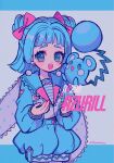  1girl absurdres azurill blue_eyes blue_hair blush bow character_name earrings eyebrows hair_bow highres jewelry looking_at_viewer mameeekueya open_mouth personification pink_bow pokemon pokemon_(creature) short_hair smile teeth twitter_username upper_teeth 
