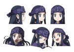  1girl :d :o ainu ainu_clothes asirpa bandana black_hair blue_eyes character_sheet closed_mouth commentary earrings expressionless golden_kamuy headband headshot highres hoop_earrings jewelry long_hair smile solo white_background yoshi_(moco1) 