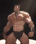  1boy abs absurdres amo_(amo9612) bara beard brown_hair clenched_teeth collar cross_scar cuffs darius_(league_of_legends) eyebrow_cut facial_hair feet_out_of_frame handcuffs highres kneeling large_pectorals league_of_legends loincloth looking_at_viewer male_focus male_pubic_hair mature_male metal_collar multicolored_hair muscular muscular_male navel nipples pectorals pubic_hair pubic_hair_peek restrained reward_available scar scar_across_eye scar_on_arm scar_on_chest scar_on_leg short_hair sideburns solo stomach streaked_hair stubble teeth thick_eyebrows thick_thighs thighs topless_male white_hair 