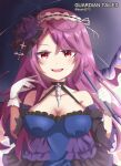  1girl artist_name bangs bare_shoulders breasts cleavage dress eyebrows_visible_through_hair gloves grin guardian_tales hairband holding holding_umbrella keshi273 large_breasts long_hair open_mouth purple_hair red_eyes smile solo umbrella upper_body vampire_girl_karina 