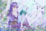  1girl absurdres asymmetrical_sleeves flower forest highres long_hair nature purple_eyes purple_hair qin_shi_ming_yue shao_siming_(qin_shi_ming_yue) shao_siming_guang_wei skirt thighhighs tree vegetation veil 