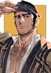  1boy bara black_hair buzz_cut chest_hair facial_hair golden_kamuy hairy highres large_pectorals long_sideburns male_focus mature_male muscular muscular_male pectorals scar scar_on_face short_hair sideburns solo stubble tanigaki_genjirou thick_eyebrows tobo_katsuo very_short_hair 