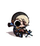  1girl :3 apex_legends black_eyepatch black_eyes black_headwear blonde_hair blue_jacket deep_current_wattson english_commentary eyepatch jacket looking_down miyan_(oceanmaiden) official_alternate_costume shadow sitting smile solo taser wattson_(apex_legends) white_background 