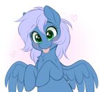  &lt;3 anthro blue_body blue_feathers blue_fur blush chest_tuft equid equine eyebrow_through_hair eyebrows eyelashes feathers female fur gradient_background green_eyes hair hair_over_eye hi_res higglytownhero hooves long_hair mammal one_eye_obstructed pegasus purple_hair simple_background smile solo tongue tongue_out translucent translucent_hair tuft white_background wings 