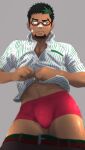  1boy absurdres bandaid bandaid_on_nose bara belt black_hair boxers bulge clothes_lift clothes_pull dark-skinned_male dark_skin dotsu_(wtnbkwiyd) facial_hair formal goatee green_hair highres kyoichi_(live_a_hero) lifted_by_self live_a_hero long_sideburns male_focus male_underwear midriff_peek multicolored_hair muscular muscular_male navel navel_hair official_alternate_costume pants pants_pull partially_unbuttoned pectoral_cleavage pectorals red_male_underwear shirt shirt_lift short_hair sideburns solo streaked_hair striped striped_shirt thick_eyebrows thick_thighs thighs underwear undressing 
