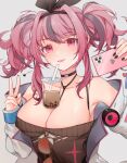  1girl :d absurdres ariko_(aaaaarik) armpits azur_lane bangs bare_shoulders between_breasts black_nails black_ribbon black_sweater blush bra_strap breasts bremerton_(azur_lane) bremerton_(day-off_date)_(azur_lane) bubble_tea bubble_tea_challenge cleavage collarbone cup disposable_cup dress eyebrows_visible_through_hair eyewear_hang eyewear_removed grey_hair hair_between_eyes hair_intakes hair_ornament hair_ribbon hands_up heart highres jacket large_breasts long_hair looking_at_viewer multicolored_hair no_mole off-shoulder_dress off-shoulder_sweater off_shoulder official_alternate_costume open_clothes open_mouth orange-tinted_eyewear pink_eyes pink_hair ribbon selfie sidelocks simple_background smile solo standing star_(symbol) star_print strap_between_breasts streaked_hair sunglasses sweater sweater_dress symbol-only_commentary tinted_eyewear twintails two-tone_hair upper_body v white_background white_jacket 