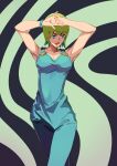  absurdres armpits arms_up blue_eyes breasts closed_mouth foo_fighters green_hair hands_on_own_head highres jojo_no_kimyou_na_bouken lips lipstick makeup medium_breasts overalls red_lips 