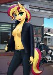  anthro apocheck13 areola better_version_at_source bottomwear breasts building clothed clothing equestria_girls equid equine female flashing flashing_breasts gas_station hasbro hi_res horn jacket leather leather_clothing leather_jacket leather_topwear looking_at_viewer mammal motorcycle my_little_pony navel nipple_piercing nipples no_underwear open_clothing open_jacket open_topwear outside pants partially_clothed piercing solo store sunset_shimmer_(eg) topwear unicorn vehicle 