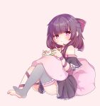  1girl arm_ribbon bangs black_dress blush bow choker controller done_(donezumi) dress eyebrows_visible_through_hair game_controller grey_legwear highres leg_ribbon looking_at_viewer medium_hair monochrome_background original pillow playing_games purple_bow purple_choker purple_eyes purple_hair purple_ribbon ribbon simple_background single_thighhigh sitting solo thighhighs 