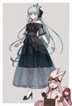  3girls alternate_costume bag baggy_clothes bare_shoulders black_bow black_dress black_footwear blue_flower blue_rose border bow bowtie braid breasts brown_bag closed_eyes closed_mouth commentary_request dress eeu_(musuka73) eyebrows_visible_through_hair fairy_knight_tristan_(fate) fate/grand_order fate_(series) flower french_braid full_body grey_eyes grey_hair habetrot_(fate) hair_between_eyes hair_bow hair_intakes hair_ornament hands_up hat high_heels large_breasts long_hair long_sleeves morgan_le_fay_(fate) multiple_girls open_mouth outside_border pink_dress pink_hair pink_headwear pointy_ears ponytail purple_hair rose satchel see-through sidelocks sleeveless sleeveless_dress smile strapless strapless_dress tiara very_long_hair white_border 